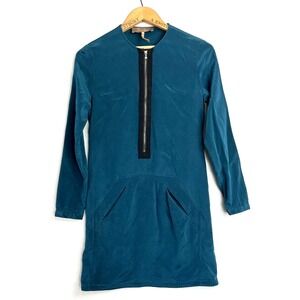 MAX AZRIA Silk Dress Womens XXS Teal Shift Long Sleeve Pockets Front Zip Stretch